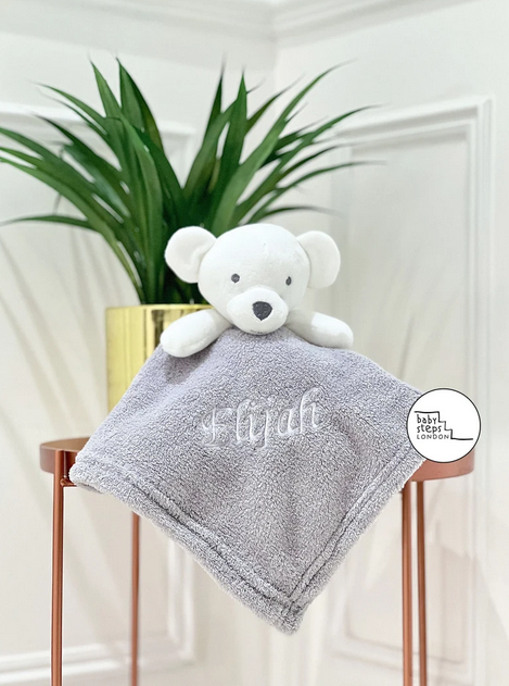 (White and Grey) Personalised Name/Initials Teddy Cute Comforter Blanket Super Soft Toy